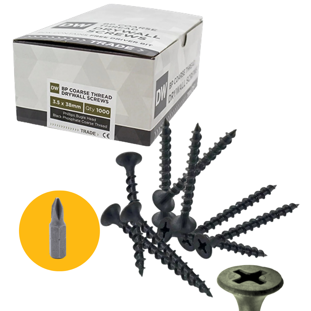 Drywall Screws Coarse Thread Black Phosphate  – Box of 1000 with Free Driver Bit | Bugle Head Plasterboard Fixings 3.5 x 38mm
