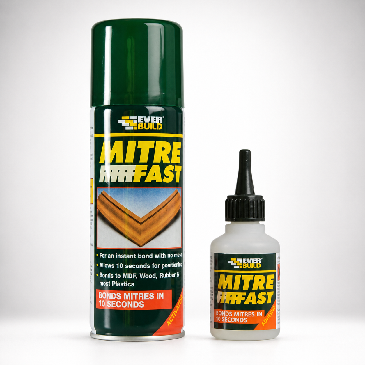 Everbuild Mitre Fast Adhesive & Activator Kit – 10-Second Instant Bonding System for MDF, Wood, Rubber & Plastics